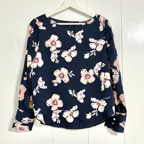 Ann Taylor Tops - Ann Taylor Navy Floral Long Sleeve Blouse